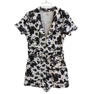Blue Buttercup Cow Print Denim Romper Black White Zip Front Belted Utility L New